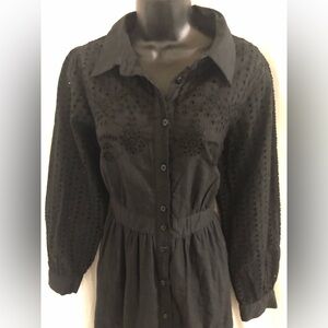 Lea black button front eyelet lace puffy sleeve midi cotton dress size Medium